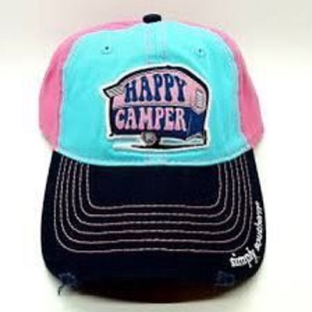 Simply Southern Happy Camper Embroidered Pink Teal Baseball Hat Cap Distressed